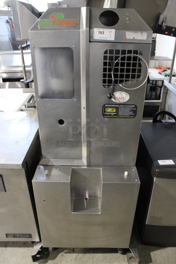 JBT Model POS-1 Stainless Steel Commercial Floor Style Automatic Juicer on Commercial Casters. 120 Volts, 1 Phase. 31x33x67. Tested and Working!