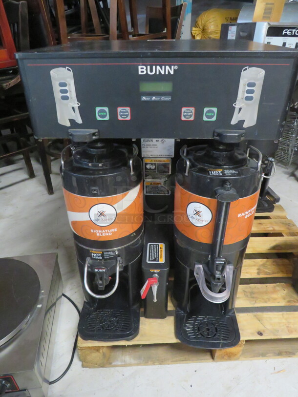 One Bunn Dual Coffee Brewer With Satellites. Model# DUAL TF DBC. 120/208 Volt. $2736.00. - Image 1 of 1