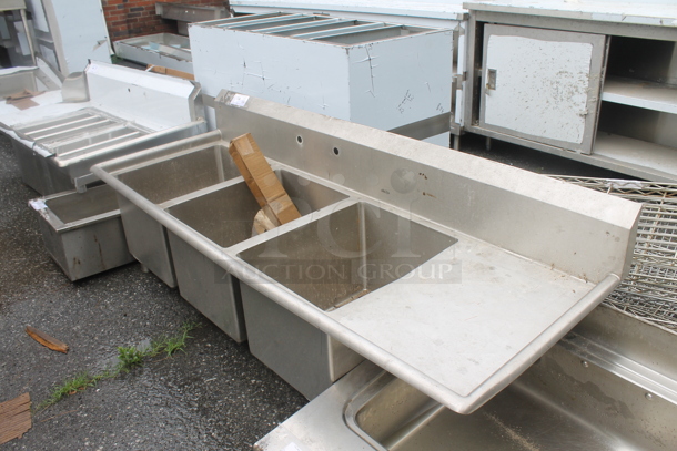 Stainless Steel Commercial 3 Bay Sink w/ Right Side Drain Board. No Legs. Bays 16x20x14. Drain Board 16.5x22 - Image 3 of 3