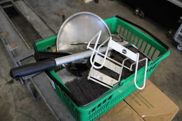 ALL ONE MONEY! Lot of Various Items Including Squeegee, Cleaning Pads in Green Shopping Basket! - Image 2 of 4