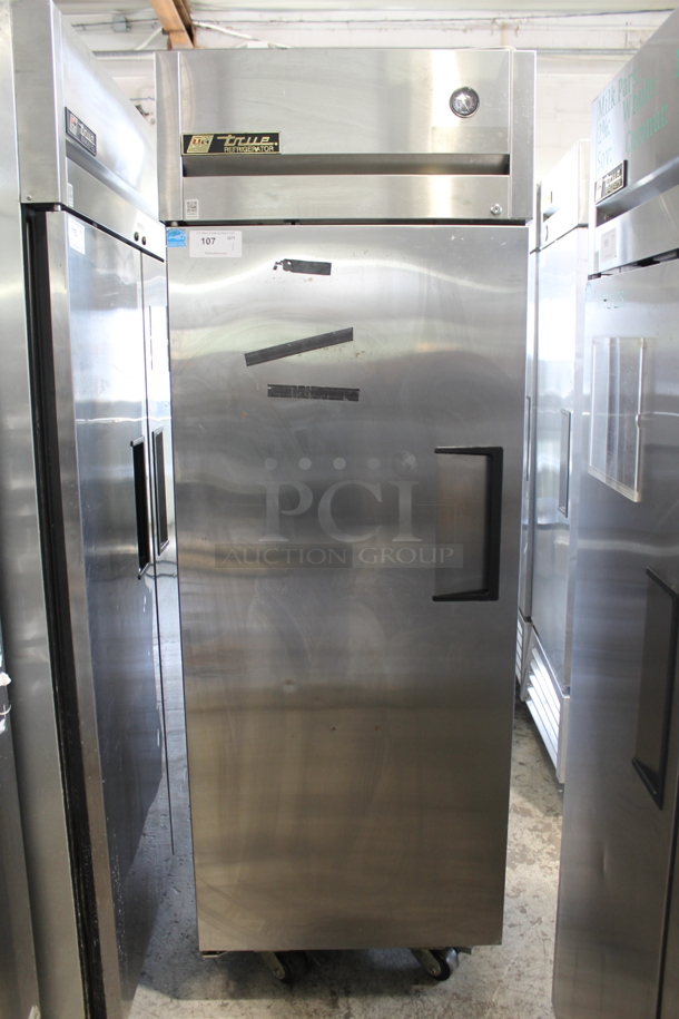 2013 True TG1R-1S ENERGY STAR Stainless Steel Single Door Reach In Cooler w/ Poly Coated Racks on Commercial Casters. 115 Volts, 1 Phase. Tested and Working! - Image 1 of 5