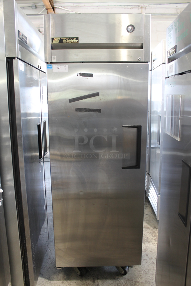 2013 True TG1R-1S ENERGY STAR Stainless Steel Single Door Reach In Cooler w/ Poly Coated Racks on Commercial Casters. 115 Volts, 1 Phase. - Item #1058709