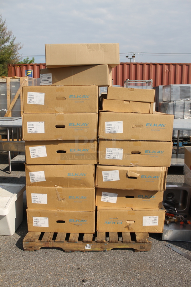 ALL ONE MONEY! PALLET LOT of 11 BRAND NEW! Elkay LRAD2521553 Sink Basins, 3 BRAND NEW! EV927222 Twin Head Water Filter, 3 BRAND NEW! EV961326 MH Water Filter Cartridges and 2 BRAND NEW! Elkay LKD2442BHC Faucets. - Image 1 of 6