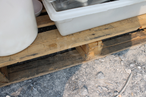 ALL ONE MONEY! Lot of Plastic Storage Bucket With Lid, Portion Control Scale, Apple Slicers, Ice Cream Scoopers, Tongs, Whisks, Orange Salad Spinner, Pots, Pans, Wood Pallet AND MORE!  - Image 4 of 4