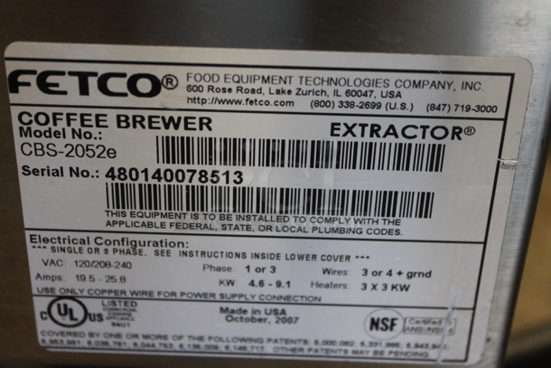 Fetco CBS-2052e Stainless Steel Commercial Countertop Coffee Machine w/ 1 Metal Brew Basket. 120/208-240 Volts, 1 Phase. - Image 4 of 4