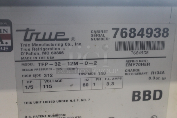 2013 True TFP-32-12M-D-2 Stainless Steel Commercial Sandwich Salad Prep Table Bain Marie Mega Top w/ 2 Drawers and Drop In Bins on Commercial Casters. 115 Volts, 1 Phase. Tested and Powers On But Does Not Get Cold - Image 7 of 7