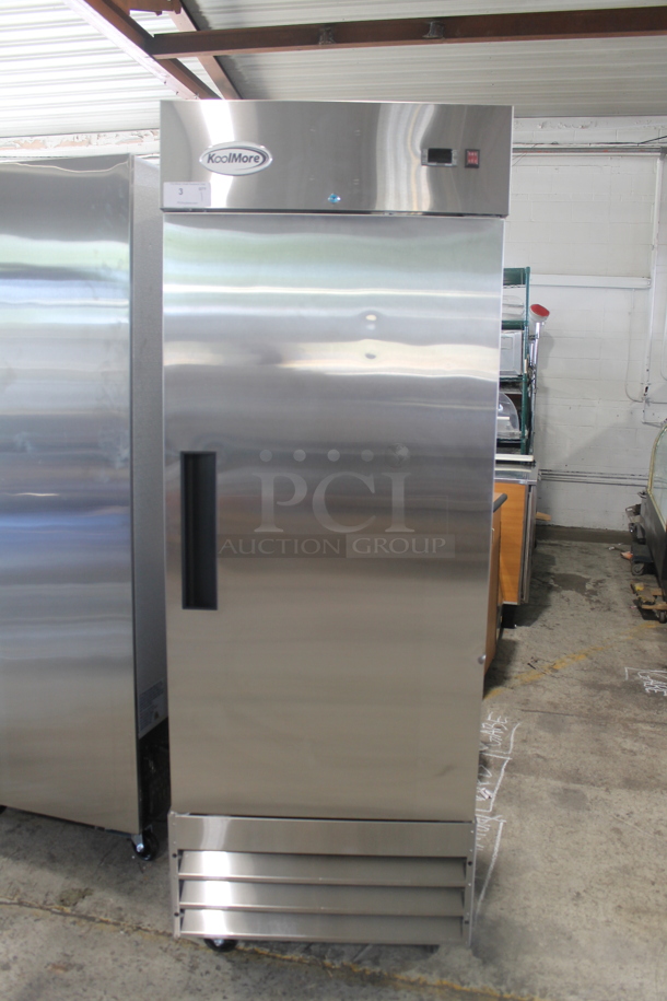 BRAND NEW SCRATCH AND DENT! 2023 KoolMore RIF-1D-SS Stainless Steel Commercial Single Door Reach In Freezer w/ Poly Coated Racks on Commercial Casters. 115 Volts, 1 Phase. Tested and Working! - Image 1 of 7