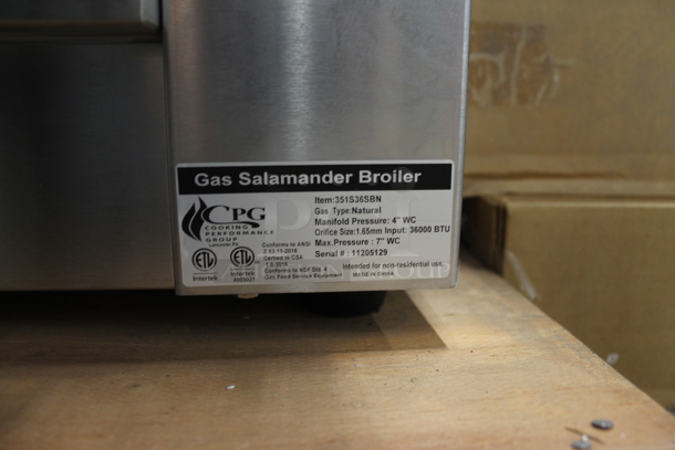 BRAND NEW SCRATCH AND DENT! Cooking Performance Group CPG 351S36SBN Stainless Steel Commercial Natural Gas Powered Salamander Broiler Cheese Melter. 36,000 BTU. Tested and Working! - Image 5 of 5
