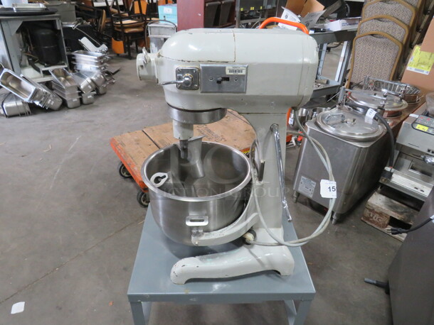 One Working Hobart 20 Quart Mixer. On A Metal Stand With 1 Drawer On Casters.