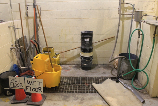 ALL ONE MONEY! Lot of Various Items Including Yellow Poly Mop Bucket, Poly Buckets, Orange Cones and Mops. BUYER MUST REMOVE. - Image 1 of 5