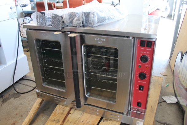 BRAND NEW SCRATCH AND DENT! Cooking Performance Group CPG 351FEC100D Stainless Steel Commercial Single Deck Standard Depth Full Size Electric Convection Oven w/ View Through Doors, Metal Oven Racks and Thermostatic Controls. Comes w/ Legs. 240 Volts, 1 Phase. - Image 1 of 8