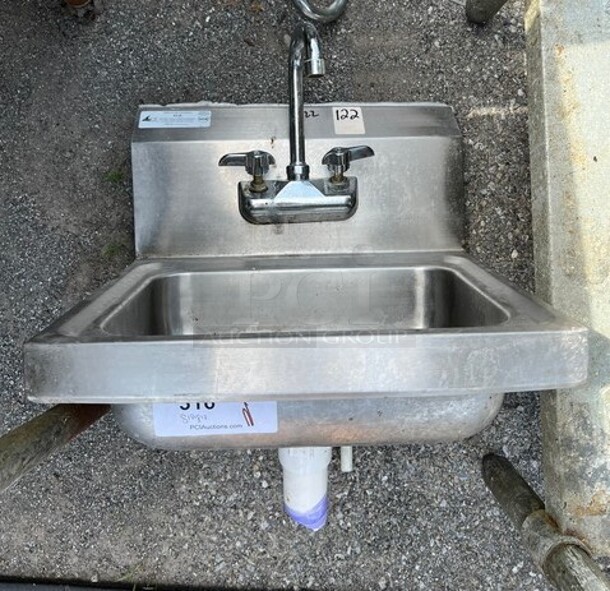 Stainless Steel Single Bay Wall Mount Sink w/ Faucet and Handles. 17x15x22