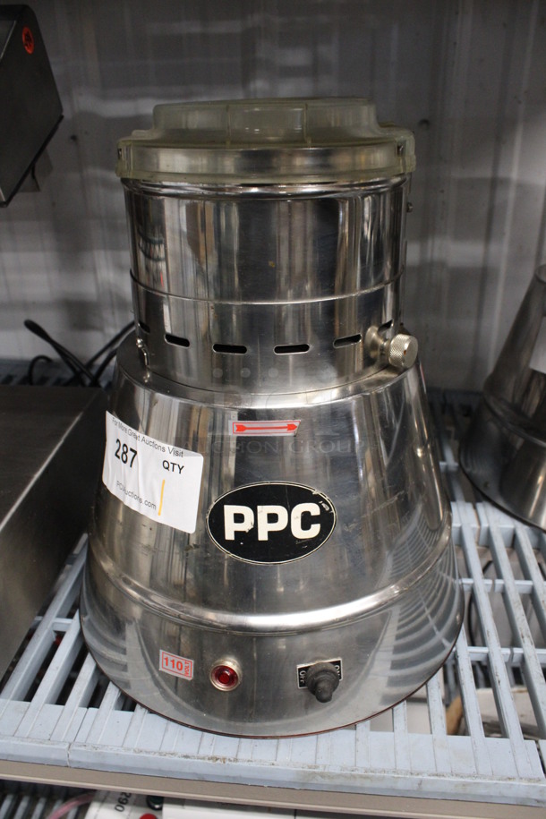PPC Stainless Steel Commercial Countertop Food Processor. 110 Volts, 1 Phase. 13x13x15. Tested and Powers On But Parts Do Not Move