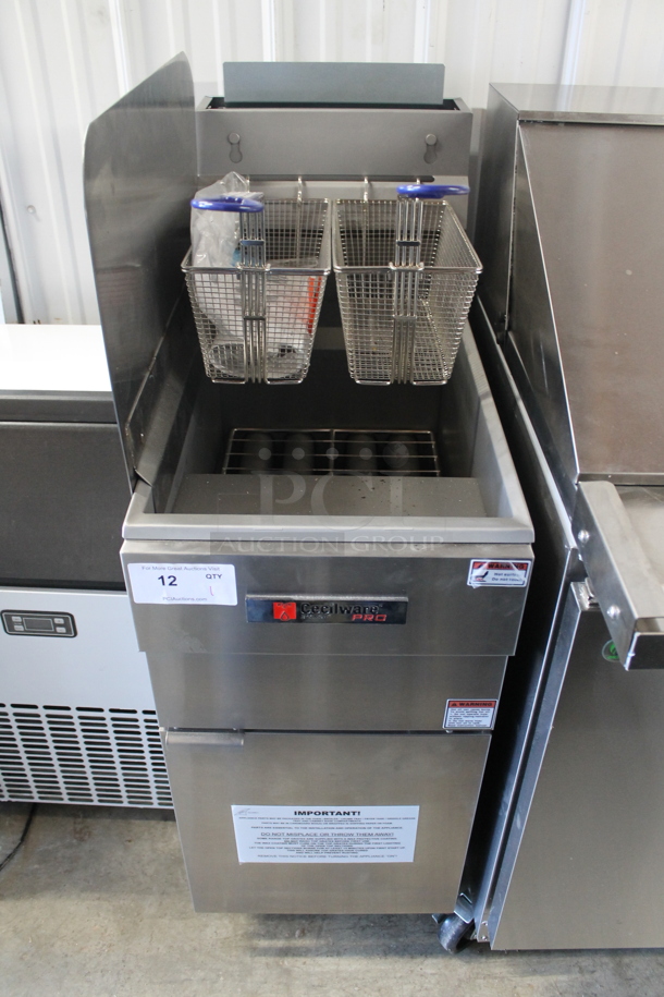 BRAND NEW! Cecilware FMS504NAT Stainless Steel Commercial Floor Style Natural Gas Powered Deep Fat Fryer w/ 2 Metal Fry Baskets and Side Splash Guard. 120,000 BTU. 