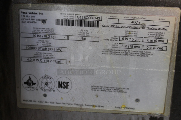 2012 Pitco Frialator 40C+ Stainless Steel Commercial Floor Style Natural Gas Powered Deep Fat Fryer. 105,000 BTU.  - Image 5 of 5