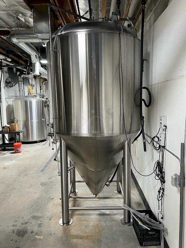 LIKE NEW! Ningbo Bme 30FV 30BBL Fermenter/Unitank/Conical Stainless Steel Fermentation Tank. S/N: BME30FV021 
.
Fully Functioning

.
Gross volume: 4,430L(26% head space); 
Tank size: Φ1,600x1500mm, approx. total height 12ft
Jacketed and insulated. SUS304 stainless steel, 3mm thickness plate for inner tank, 1.5mm for dimple jacket and 2mm for outer shell.
Interior tank 2b finish and passivated, ribbon polish for welded place; 4#finish or mirror finish for inner tank available
Outer tank brushed. Dish head polished. ribbon polish for welded place
Dish head, 60° cone bottom, Side shadowless manway(double side welded)
DIN 65 style 1.5” Rotating racking arm(or tri-clamp),
3 zone dimple cooling jackets, 3/4″ NPT inlet and outlet
80mm Polyurethane insulation
CIP arm and spray ball, blowoff pipe
Necessary butterfly valves, sample valve, Thermometer, Pressure gauge( oil style), PVRV, tri-clamp and gasket fittings.

Manufactured: 12/30/2019

Located in: Rancho Cucamonga, CA. Shipping is Available. - Image 5 of 8