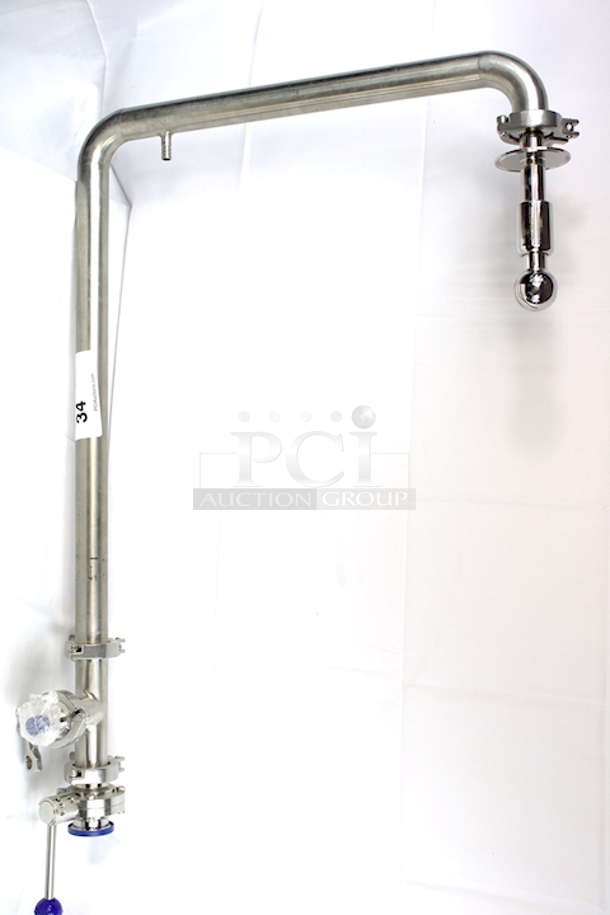 NEW/NEVER USED COMPLETE 1-1/2” Tri-Clamp CIP Arm With SB-G250-100-B175-7.5 Rotating CIP Spray Ball, ¼” Hose Barb For Sight Glass Tubing (At Top), 1-1/2” Tri-Clamp “T” Valve  With 1/4" NPT Fitting For Pressure Valve, 1-1/2” Tri-Clamp Butterfly Valve Drain - Image 2 of 4