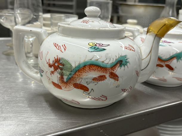 (1) Large Chinese Teapot Famille Rose Hand Painted Dragons with Gold Accents. 