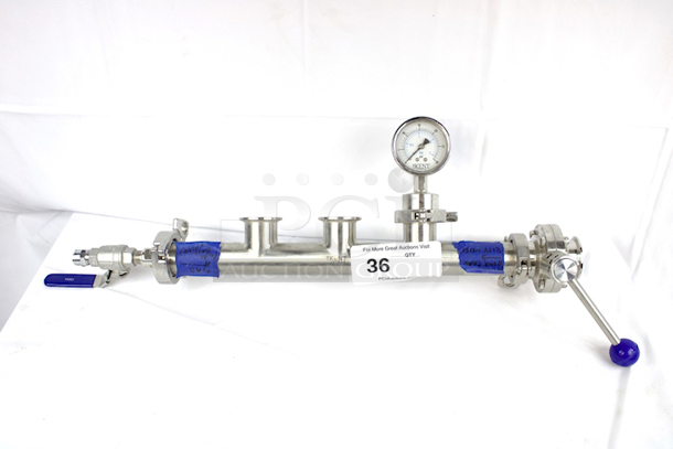 NEW/NEVER USED GW Kent & Glacier Tanks 3 Port Manifold With Pressure Gauge, 3/8” Ball Valve For Gas Inlet & Butterfly Valve - Tri Clamp 1.5 in. - Pull Handle - 12 Position For Optimal Control Of Water Flow. 