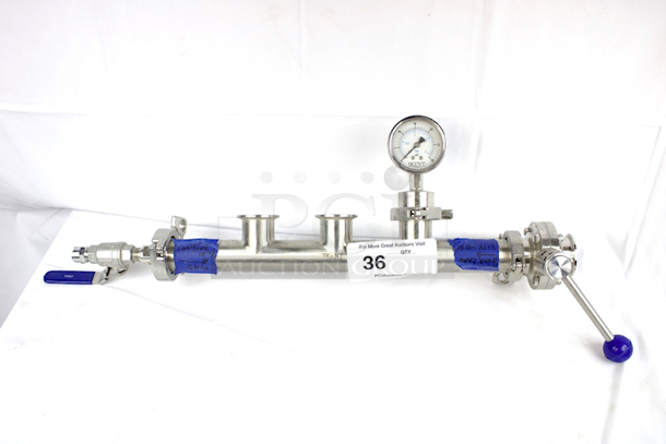 NEW/NEVER USED GW Kent & Glacier Tanks 3 Port Manifold With Pressure Gauge, 3/8” Ball Valve For Gas Inlet & Butterfly Valve - Tri Clamp 1.5 in. - Pull Handle - 12 Position For Optimal Control Of Water Flow.  - Image 1 of 8
