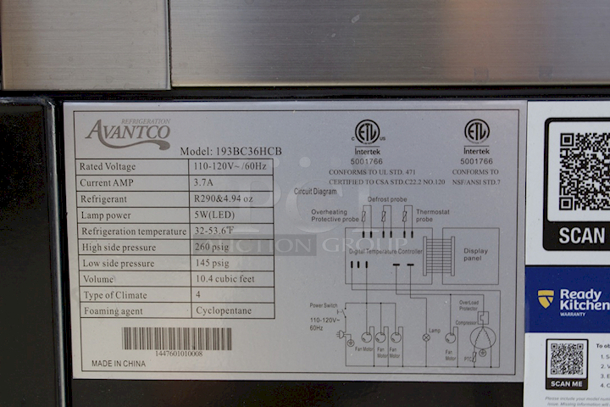 BRAND NEW SCRATCH & DENT! Avantco BC-36-HC 36" Curved Glass Black Refrigerated Bakery Display Case. 115V Tested. In Working Condition. 
SN:1447601010008 Glass Is Damaged. 
 - Image 2 of 9