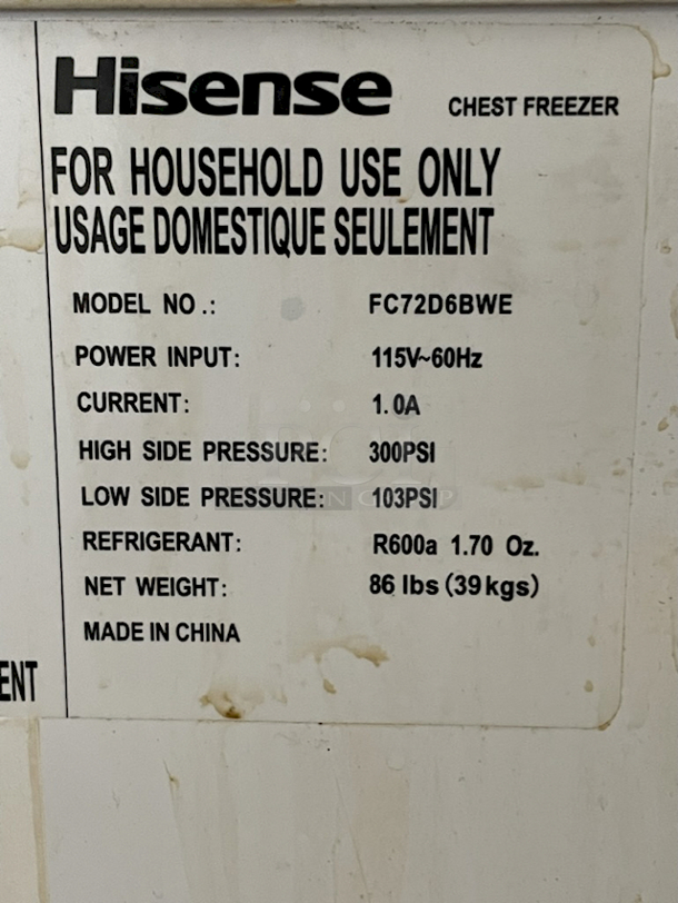 IN PERFECT WORKING ORDER!! Hisense FC72D6BWE 7.2 Cu. Ft. Energy Star® Freezer. Temperature Range 48F to -9F. 37.3 X 22 X 32.6 - Image 1 of 6