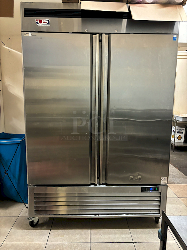 TESTED! WORKS PERFECT! US Refrigeration USBV-48F 54-3/8" 2 Door Reach-In Freezer. Temperature Range -13F to -1.4F, 115v, 10.5 Amps, 6 Shelves, On Commercial Casters. 54-3/8"W x 31-1/2"D x 84"H - Image 1 of 3