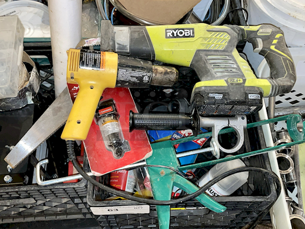 ALL FOR ONE! Crate Full Of Various Tools & Parts: Ryobi Reciprocating Saw, Heat Gun Caulk Gun, ¼” Air Compressor Filter, Hand Saw, Handle and More  - Image 1 of 8