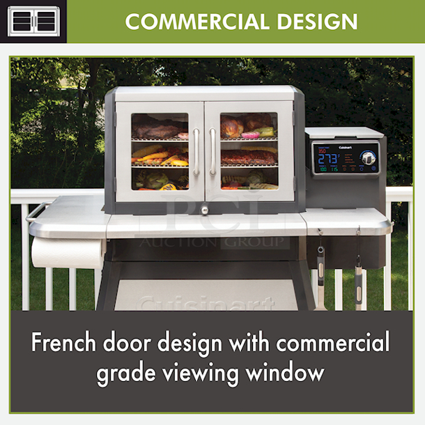 NEW! IN THE BOX! Cuisinart® CGWM-080 Clermont Pellet Grill and Smoker. 8-in-1 COOKING CAPABILITIES: Large 1400 sq.in. off cooking space with an integrated Sear Zone expands your cooking capabilities; Smoke, BBQ, Grill, Roast, Sear, Braise, Bake, and Char-Grill. - Image 7 of 12