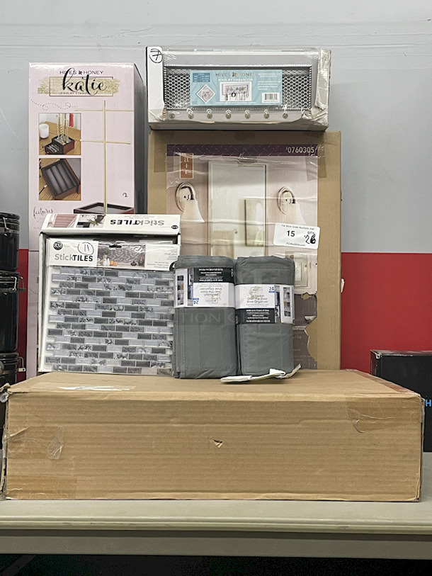 Bed / Bath Storage & Organization  – (2) Hives & Honey – Katie – Jewelry Stands; (4) Mainstays 24-Pocket Over The Door Shoe Organizers; (1) White Over The Door Rack; (1) Allen + Roth 3 Shelf Recessed Mount Brushed Nickel Finish Medicine Cabinet Fits 14”x24” Rough Opening; (7) Hives And Honey Wall Monet Jewelry Organizers; (11) 4 10-1/2” x 10-1/2” Sheets of Peel & Stick Tiles.  - Image 1 of 12
