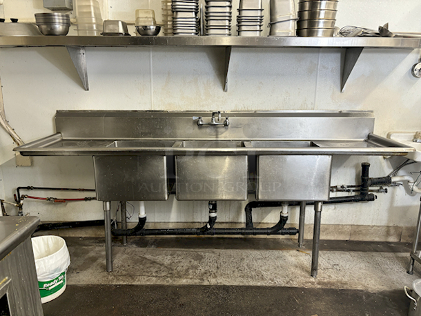 OUTSTANDING! 94 Inch 3-Compartment Sink With (2) Drainboards and Large Faucet.  - Image 1 of 3