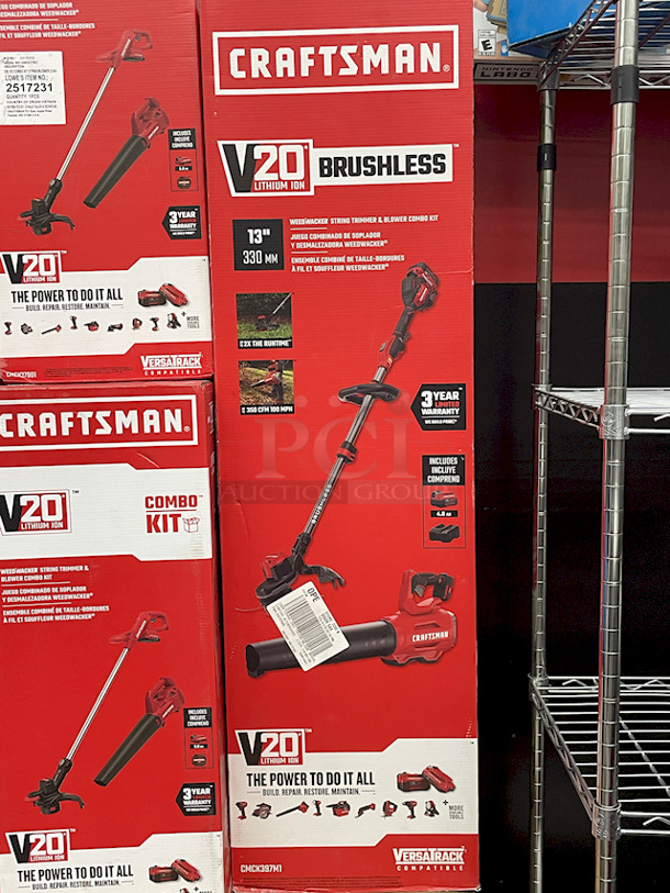 All New, All Craftsman – [1] CRAFTSMAN 2000 Series 37-in W x 24.5-in H 4-Drawer Steel Tool Chest (Red), [1] CMCL090B V20 Lithium-Ion LED Automotive Hood Light, [1] CRAFTSMAN V20 Brushless 2-Piece 20-Volt Max Cordless Power Equipment Combo Kit – 13” Weed Wacker, String Trimmer & Blower Combo Kit (With Battery & Charger), [3] Craftsman CMCK279D1 V20 Brushless Lithium-Ion 10” Cordless Weedwhacker, String Trimmer and, Blower Combo Kit (With Battery & Charger). 6x Your Bid - Image 8 of 12
