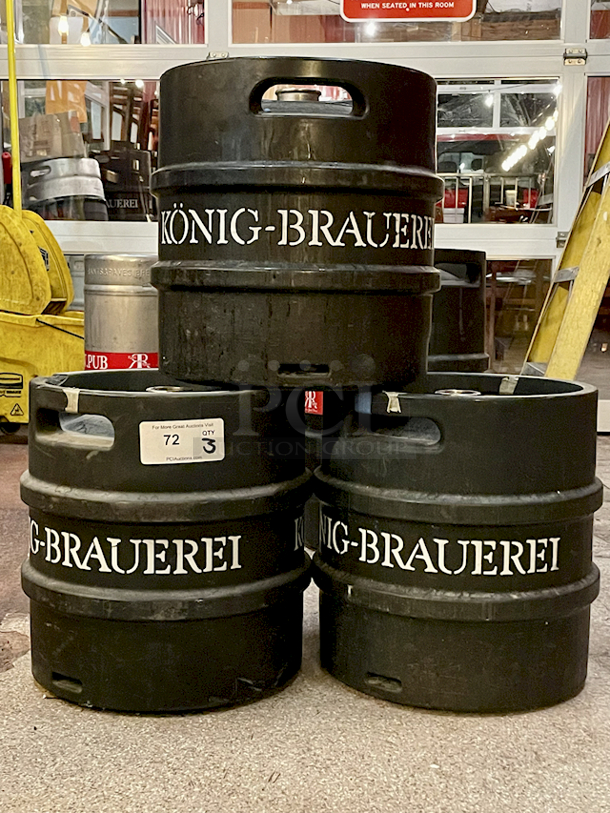 Set of (3) ¼ Barrel (7.75 Gal/30L) Polyurethane Coated Stacking Stainless Steel Type D Sanke Kegs - 3x Your Bid - Image 1 of 4