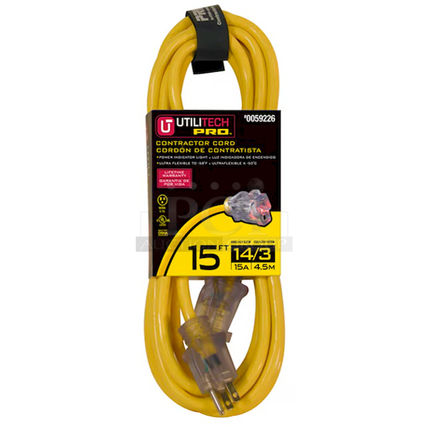 NEW NEVER USED! Box of SIX Utilitech Pro UTP511715 15-ft 14 Gauge / 3-Prong Outdoor Sjtw Medium Duty Lighted Extension Cord. 120 volts / 15amps / 1 Outlet - Image 3 of 3