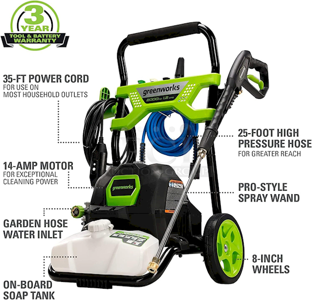NEW IN THE BOX!! Greenworks 2000PSI Electric Pressure Washer. For Use With Wood, Masonry and Automotive. Includes: Pressure washer, Handle assembly, Soap tank, Trigger handle, Wand assembly, 25' High pressure hose, Hook & loop hose wrap, 25°
Tip, 40° Tip, Soap tip, Turbo nozzle, Tip cleaner, Operator's manual and Quick start guide - Image 3 of 12