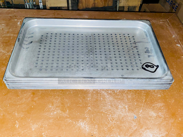 EVERYTHING ON THE SHELVES! Includes 8 Perforated Full Size Pans (2” Deep”), 46 Stainless Steel Milkshake Cups, 3 Full Size Pans (4” Deep), (3) 6” Deep 1/3 Pans, ¼ Pan, 4” Deep Full size Pans, (79)  Aladin Temp-Rite Induction Heated Dishes With (39) Covers and (25) Bowls,  San Jamar SAF-T-ICE Tote.  - Image 11 of 12
