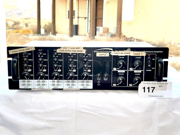 OUTSTANDING! Speco Technologies PL200M Commercial Amplifier (160W) In Perfect Working Order!! KEY FEATURES: Playback 5 Sources to 4 Zones; Each Channel Offers Volume & Mute; Speaker Output: 40W RMS per Zone; Telephone Paging & Monitor Output; 19" Rackmount Design: 3 RU; Each Channel Offers Gain, Treble & Bass; Compatible with 4-/8-Ohm Speakers; Microphone 1 Priority with VOX Mute - Image 1 of 5