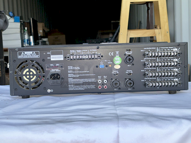 OUTSTANDING! Speco Technologies PL200M Commercial Amplifier (160W) In Perfect Working Order!! KEY FEATURES: Playback 5 Sources to 4 Zones; Each Channel Offers Volume & Mute; Speaker Output: 40W RMS per Zone; Telephone Paging & Monitor Output; 19" Rackmount Design: 3 RU; Each Channel Offers Gain, Treble & Bass; Compatible with 4-/8-Ohm Speakers; Microphone 1 Priority with VOX Mute - Image 2 of 5