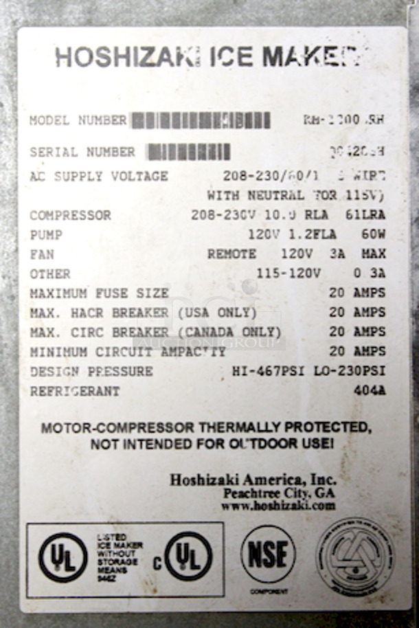 AMAZING! Hoshizaki Km1300SRH 1300lbs Ice Maker, Crescent Cube, Remote Condensed and Follet Bin. Approximate Ice Production of 1296lbs. 208-230v/60hz/1ph (3 Wire With Neutral For 115v). 
Tested, In Working Order. 
48x32x77-1/2 - Image 4 of 6