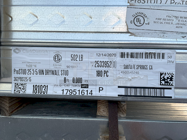 ClarkDietrich ProSTUD 25 3-5/8 in. x 8 ft. Galvanized Steel DRYWALL STUD 25-Gauge EQ, G40, 50KSI. Model: 362PDS125-15. 180x Your Bid	3-5/8x1-1/4x96 - Image 6 of 9