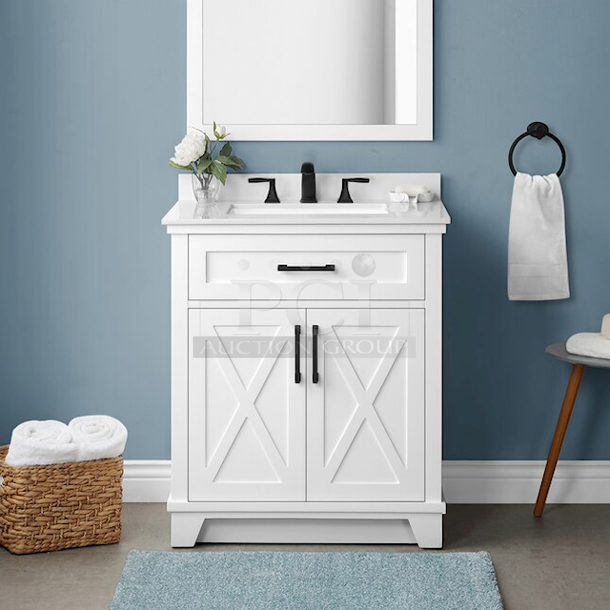 BRAND NEW!! allen + roth Oliver 30-in White Undermount Single Sink Bathroom Vanity with White Finish Cultured Stone Top. Freestanding 30-in wide x 34.5-in high x 22-in deep solid wood white vanity with matte black hardware included
Includes 2 sets of hardware - matte black (installed) and brushed nickel
White engineered stone countertop with straight edge profile and matching 3-in backsplash - Image 1 of 4