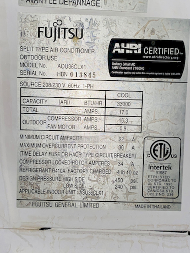 BEAUTIFUL! Fujitsu AOU36CLX1 - 36K BTU (3 Ton ), 15.5 SEER, Air Conditioner Condensing Unit, 208/230V

39-1/4x12-5/8x35-1/2 - Image 5 of 5