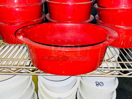 DO NOT PASS THIS UP!! Shelf Full of Bon Chef 5103TERRA 2-3/4 qt., 9-1/2" x 12-3/8" x 4"H, oval, aluminum with ceramic-look coating, Terra Cotta Red and Casserole Dishes and Bon Chef 1-1/2qt 5105S 9 1/8" x 12 3/8" x 2"Oval Pans, Terra Cotta Red. 

28x Your Bid