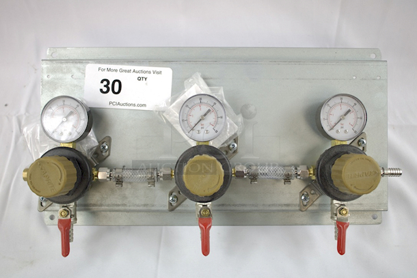 NEW/NEVER USED Steel Plate With (3) TAPRITE Series 1660SN Compressed Gas Carbon Dioxide Regulators 366M 500PSI Pressure Rating - Image 1 of 2