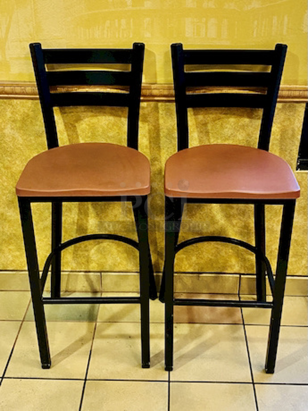 PRISTINE CONDITION! Pair of Plymold Quest Ladderback Steel Barstools with Composite Seat.

Overall Product Height	43"
Overall Product Depth	18"
Overall Product Width	16.25"
Seat Height	30"
Seat Depth	15.75"
Seat Width	16.375" - Image 1 of 5