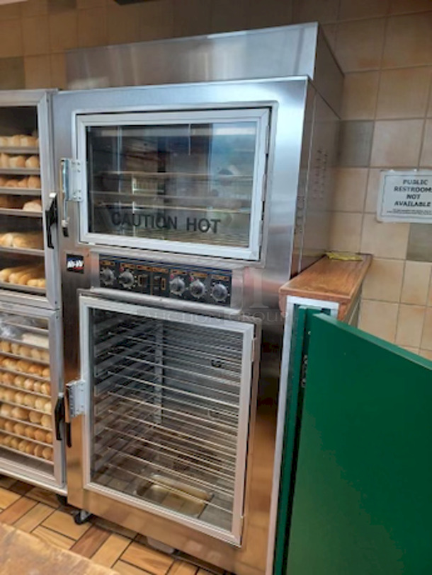 EXTREMELY WELL TAKEN CARE OF!! LIKE NEW! Nu-Vu® Model: Sub-123 Commercial Baking Oven and Proofer Combo Unit.
208v 3ph Oven/Proofer On Commercial Casters. Lighted Interior; Holds (3) Racks For Oven & (9) Racks For Proofer; (12) Racks Included;. 33½"H X 26"W X 20"D (Bottom Proofer). 3" Heavy Duty Lock-Able Casters; Lighted Interior;. (Nsf) & (Ul) Certified. 
Overall Condition and Functioning = 9/10 . 

Tested. Observed In Perfect Working Order.

Overall Dimensions:
36 1/8"x28 5/8"x77-3/4"

Proofer Interior:
Left to Right: 26 1/4" x Front to Back: 20 1/4" x Height: 33 1/2"

Oven Interior:
Left to Right: 26 1/4" x Front to Back: 20 1/4" x Height: 15"
 
 - Image 1 of 3