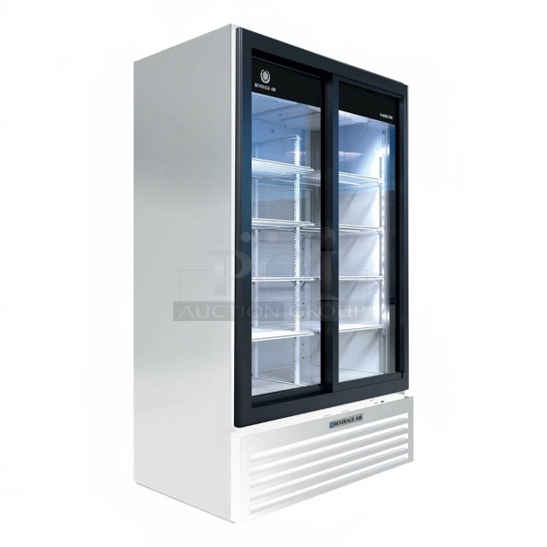 BRAND NEW SCRATCH AND DENT! Beverage Air MT49-1-SD ENERGY STAR Metal Commercial 2 Door Reach In Cooler Merchandiser. Stock Picture Used as Gallery. 115 Volts, 1 Phase. Tested and Working! - Image 1 of 8