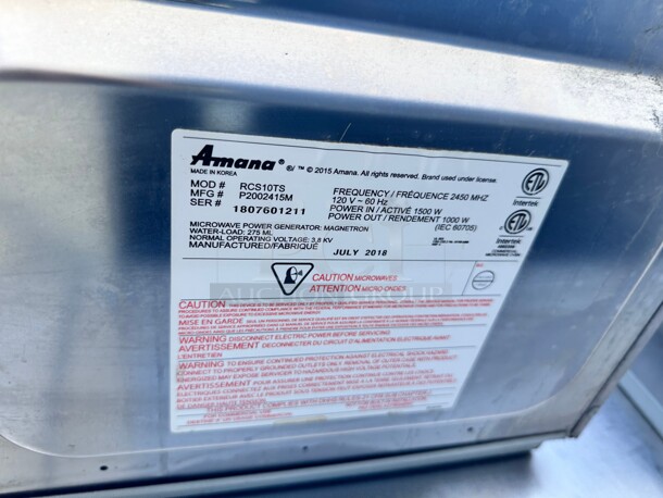 Excellent Condition Amana 1550 Watt Microwave 115 Volt - Image 5 of 5