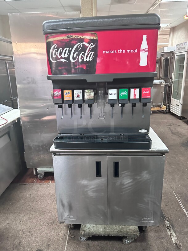 Certified Working Cornelius DF200 Ice and Beverage Dispenser Soda Machine with 8 Valves w/ Pump Includes Stainless Steel Cabinet  - Image 1 of 7