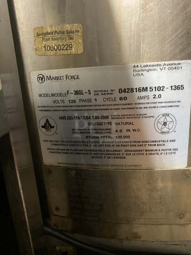 WOW! Market Forge Commercial Natural Gas Powered Jacket Self Contained Soup/Steam Kettle! All Stainless Steel! On Legs! 120V 1 Phase! Model: F-30GL-5 SN: 042816M5102-1365! - Image 10 of 12